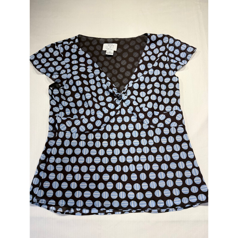 Ann Taylor Loft Petites Y2K Blue Dot V-Neck Knot Front Top Brown Size Baby doll